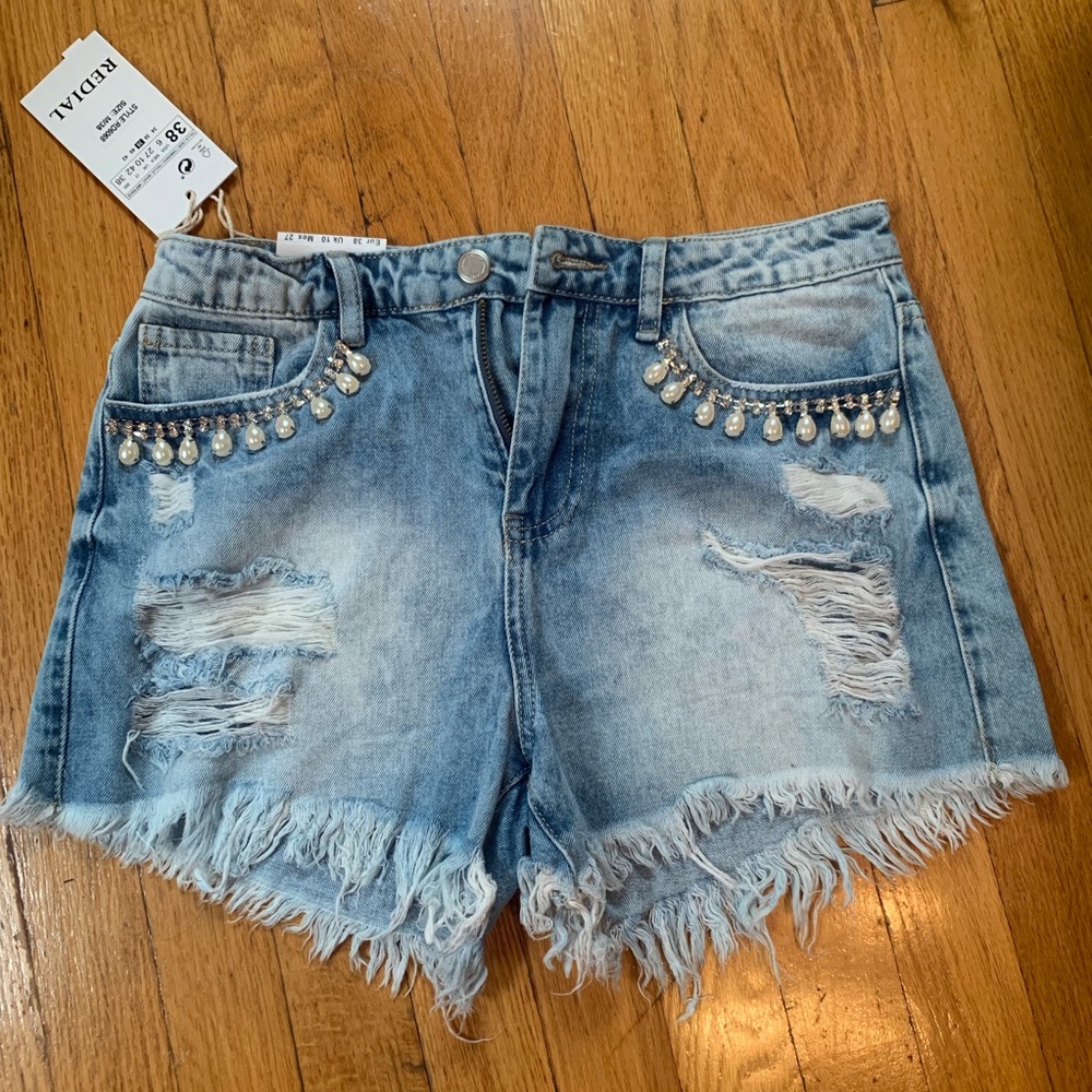 Embellished denim shorts